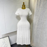 New Elegant Round Neck Nails Hollow Slimming Temperament Short-Sleeved Knitted Dress