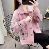 Mink Cashmere Plaid Sweater Cardigan Women Korean Fashion Single Breasted Knitted Coat Autumn Vintage Short Sweater