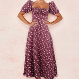 Toloer Women's New Floral Square Collar Sexy Slit Big Swing Autumn And Winter Dress