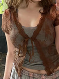 Open Front Lace Long Sleeve Crop Blouse-Outfit