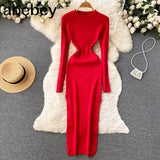 Senior Knitted Dress Women Long Sleeve Elastic Waist Split Sweater Dress Ladies Party Sexy Warm Long