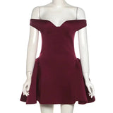 Burgundy Off-shoulder Plunge Backless Mini Dress-Outfit