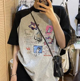 Cartoon Print Raglan Short Sleeve Tee-Outfit