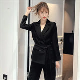 Autumn Winter Women Lace Up Pant Suit Notched Blazer Jacket Wide Leg Pant Office Female