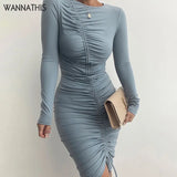 Women Drawstring Ruched Long Sleeve Dress Bodycon Autumn O Neck 2021 Vintage Streetwear Party Elegant Female