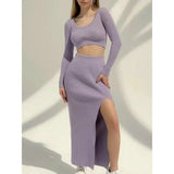 Knitted Winter Women Sexy Sweater Skirt Suit Y2K Fashion Long Sleeve Crop Tops And Long Split Skirt Dress Two Piece