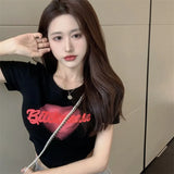 Toloer Letter Print T-Shirt Women's Summer 2024 New Ins Slim Short Design Sense Niche Short-Sleeved