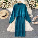 Beading Knitted Women Sets Loose Long Sleeves Sweater+ Solid Elastic Dress French Style Casual Two Piece