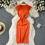 Women Korean Style Knitted Dress 2022 Summer O Neck Solid Short Sleeves Slim Ladies Sexy A Line Long