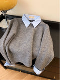 2025 New Fake Two Shirt Collar Sweater Women With Lazy Wind Collared Gray Knitted Shirt