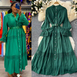 Court Retro Elegant Dress Women's Collar Horn Sleeves To Close Single Buckle Lace Splicing Large Swing