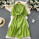 Korean Chic Elegant Pink V-neck Stitching Lace Hook Flower Waist Thin Bubble Sleeve Female Dress 2022 Summer