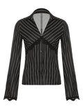 Lace Paneled Long Sleeve Striped Blouse-Outfit