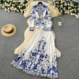Dress Dress Woman 2025 New French Waist Bubble Sleeve Print Top High Waist Swing Long
