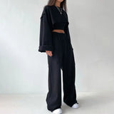 Toloer Hoodie Suit Female 2024 Fashion Sleeve Long Sleeve Crop Hoodie Strap Straight Tube Wide Leg Pants Three-Piece Set-Outfit