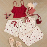 New Peach Hearted Pajamas Women's Spring And Summer Sweet And Cute Three-Piece Set Of Hanging Trousers Short Sexy