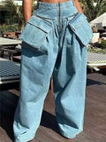 Toloer New Fashion High Waist Large Pocket Design Sense Wide Leg Pants Loose Small Show Skinny Jeans Woman-Outfit