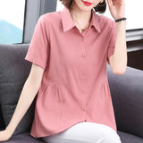Women's Clothing Short Sleeve Shirt New Summer Loose Solid Color Blouse Lapel Button Shirring Fashion Elegant Office Lady Tops-Outfit