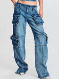 Toloer 2024 New Fashion High Street Design Sense Pocket Stitching Tooling Wind High Waist Straight Tube Denim Warehouse Pants Women-Outfit