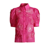 Toloer Temperament Elegant Wind Shirt 2024 Autumn New Nail Bead Three-Dimensional Flower Perspective Shirt Short-Sleeved Jacket Female-Outfit