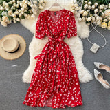 Sweet Floral Dress Women V Neck Puff Sleeve Single-Breasted Belt Dress Summer Bohemian Print A-line Midi