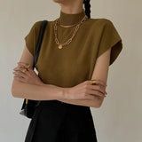 Sleeve Knitted Vest Office Lady Loose Elegant Fashion New Vest Shirt Solid Stand-up Collar Straight Tops Summer