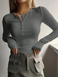 Solid Color Breasted V Neck Slim Long Sleeve Knit-Outfit