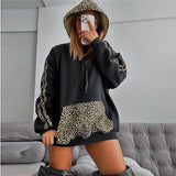 Has F24TP161 Women's Autumn And Winter New Leopard Splicing Drawstring Pocket Loose Casual Hooded