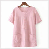 Women's Clothing Oversized Solid Cotton Short Sleeve Round Neck Pocket Button Casual Home Loose Belly Tshirt Tops-Outfit