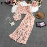 New Summer Fashion All-match Square collar puff sleeve Shirt+high waist wide leg Pant two piece