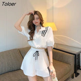 Style Suits Women Summer Korean Short-sleeved Navel Tops and Fashion Wide-leg Shorts Two Piece Sets Casual Womens