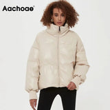 Aachoae Women PU Faux Leather Parka Coat 2021 Winter Zipper Hooded Padded Jacket Female Long Sleeve Pockets Thick Warm