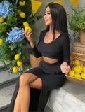 Spring Pure Color Long-Sleeved Fashion Sexy Split Long Skirt Two-piece