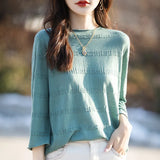 Toloer And Summer Thin Round Collar Jacquard Wool Knit T-Shirt Women's Seven Minute Sleeve Solid Color Bottom Sweater Middle Sleeve Cashmere Top-Outfit
