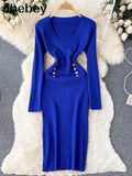 Women Knitted Pencil Dress Korean Long Sleeve V Neck Elastic Slim Dress Autumn Winter Sexy Bodycon Warm Sweater