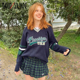 Bold Shade Indie Aesthetic Letter Print Patchwork Sweater Y2K 90s Style Women V-neck Loose Knitwear Streetwear Fashion