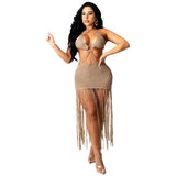 Toloer New Women's Solid Color Knit Sexy Strapless Tassel Beach Dress-Outfit