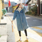 New Fashion Womens Femmes Long Coats Denim Overcoat Single Breasted Warm Fur Lining Loose Fit BF Style Female