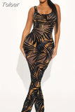 Leaves Print Mesh See Through Jumpsuit Woman Scoop Neck Sleeveless Bodysuits Vintage Holiday Vacation Beachwear