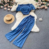 Summer Green/Black/Red Two Piece Set Women Sexy Slash Neck Short Tops + High Waist Wide Leg Pants Female Suit