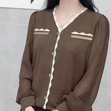 Clothing Solid Color Blouse French Style Elegant Patchwork 2024 Spring Autumn Fashion Diamonds Korean Casual V-Neck Shirt-Outfit