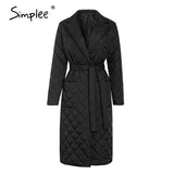 Simplee Cotton padded long winter coat female Casual pocket sash women parkas High street tailored collar stylish overcoat