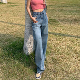 Small Flower Jeans Women Hit The Color Leather Standard High Waist Pendant Feeling Broad Legs Loose 100 Straight Tube Floor Trousers-Outfit