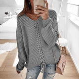 Toloer New Women Long Sleeves Loose V Neck Rope Exposed Back Jumper Knit Sweater Women's