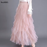 Elastic Black Tulle Skirts Women 2023 Elegant High Waist A Line Casual Faldas Korean Style Pink Y2k Long Pleated