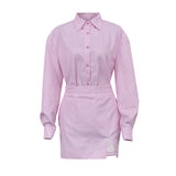 Toloer Women's New Commuter Lapel Long Sleeve Striped Shirt Wrapped Hip Skirt Fashion Office Suit-Outfit
