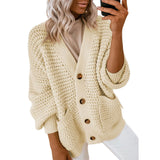 And Winter New Single-Dbutton V-Neck Sweater Women Loose Lantern Sleeve