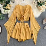 New Summer 2 Piece Outfits For Women Flare Sleeve Crop Top + Broad-legged Shorts Fashion Ladies Sexy Solid Chiffon Suit
