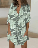 2021 Women's Printed Buttoned Mid-length Short Sleeve Loose Long Sleeve Pocket Casual