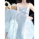 Vacation Light Blue Mesh Sling Dress Women's New Gentle Wind White Beach Floral